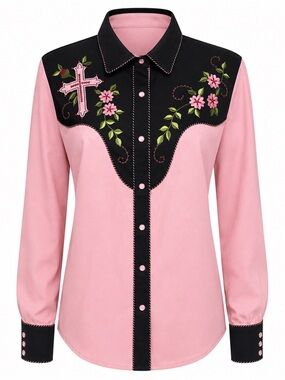 Vintage Western Rhinestone Cross Embroidered Snap Shirt XL Pink Black